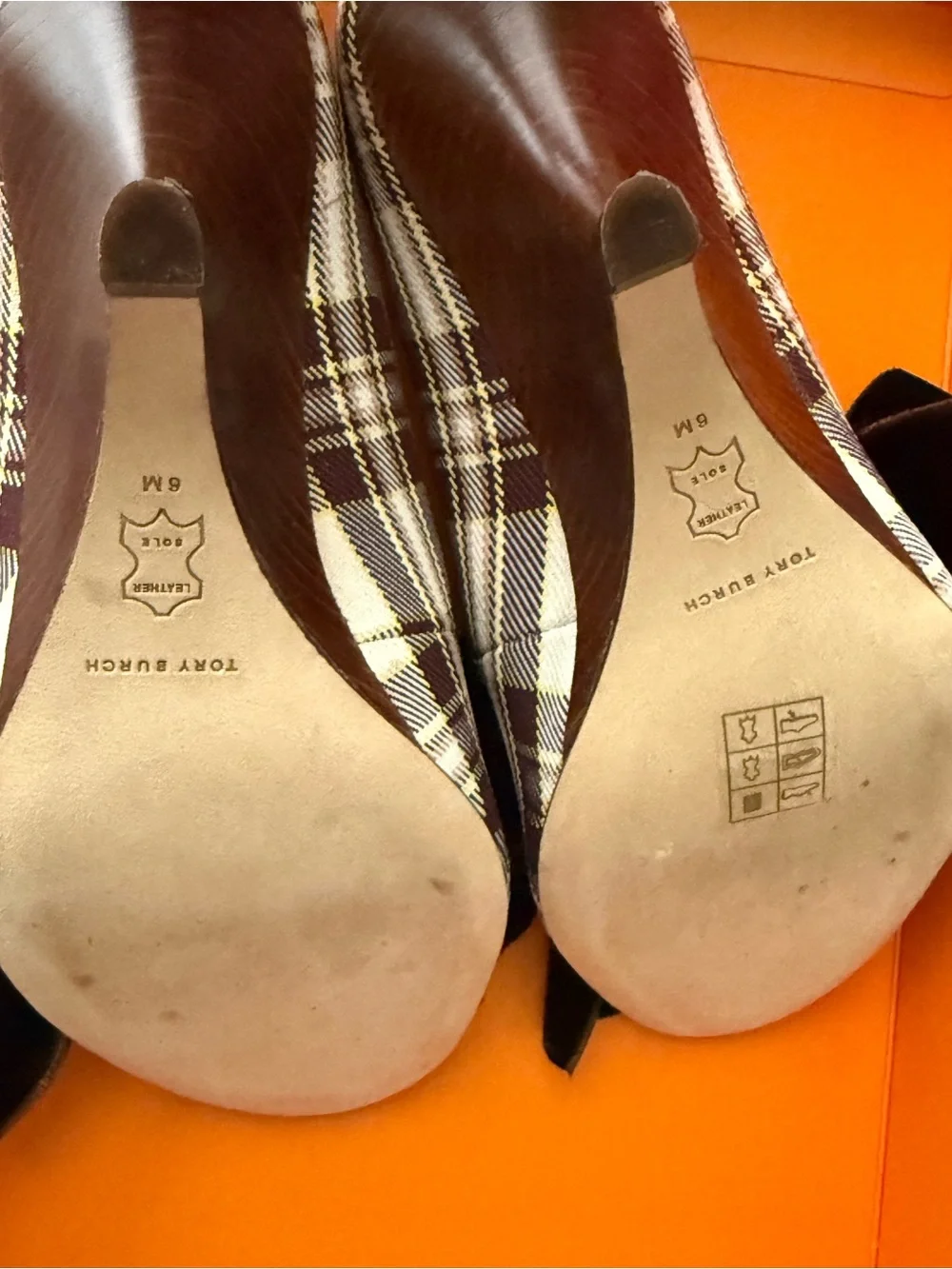Tory Burch Brown and Cream Plaid Peep-Toe Flats with Velvet Bow